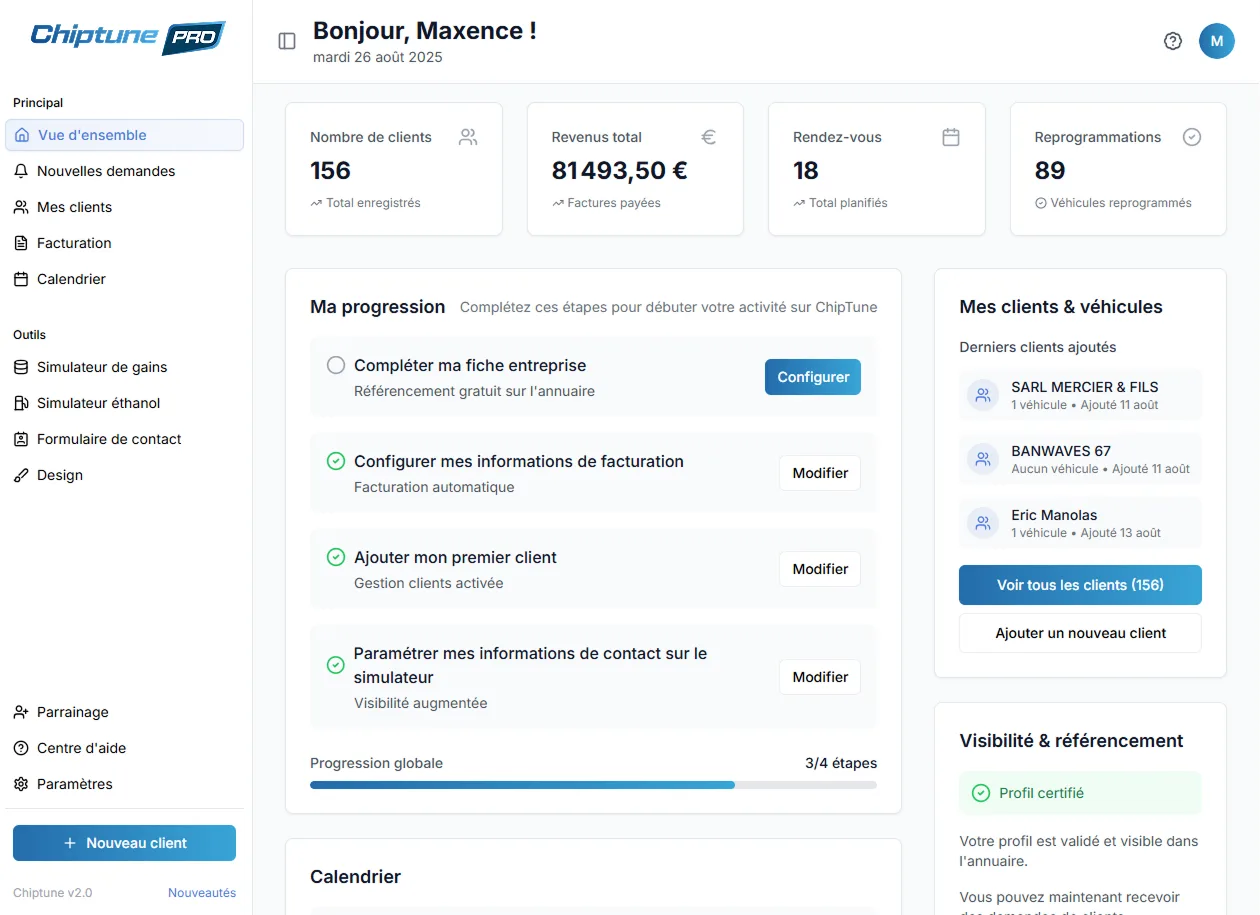 Dashboard Chiptune — gestion clients, revenus et reprogrammations